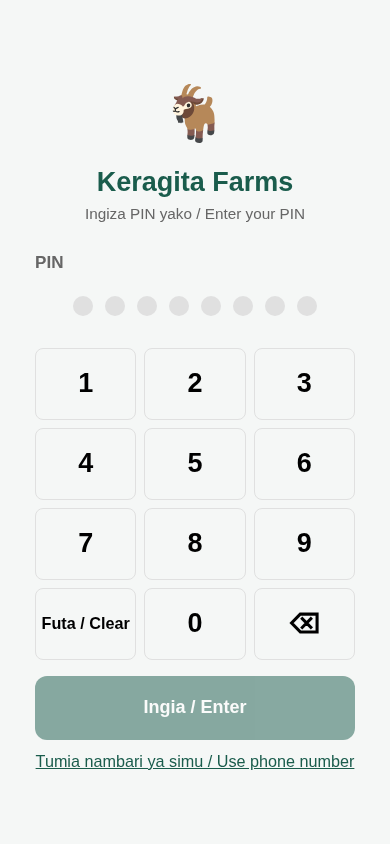 The app's sign-in screen, with a PIN keypad in Kiswahili and English.