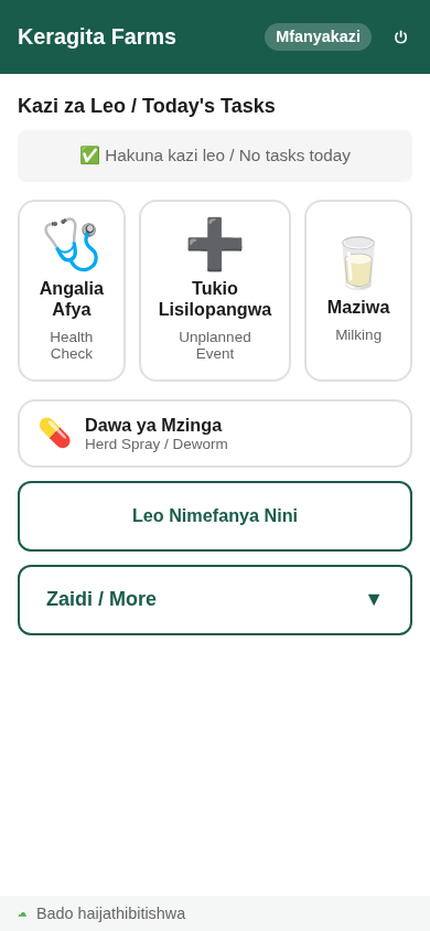 The worker's home screen, showing the day's tasks and simple action buttons.